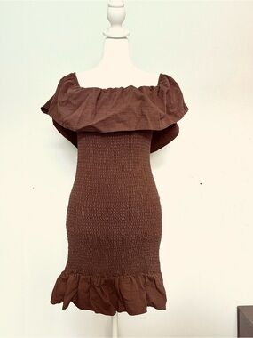 Anthropologie Brown Off-Shoulder Smocked Mini Dress